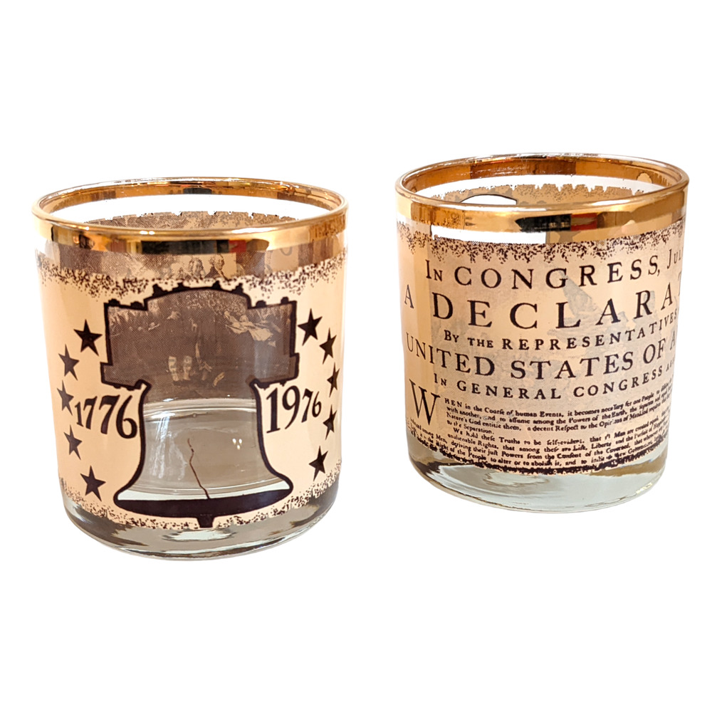 Vintage American‎ Bicentennial 1776-1976 Rock Lowball Glasses, Set of 2 Gold Rim